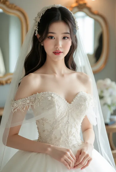 The image showcases a beautiful young korean woman dressed as a bride. She wears an elegant white wedding gown adorned with intricate floral embellishments and shimmering sequins. The dress features an off-the-shoulder design with bustier that accentuate h...