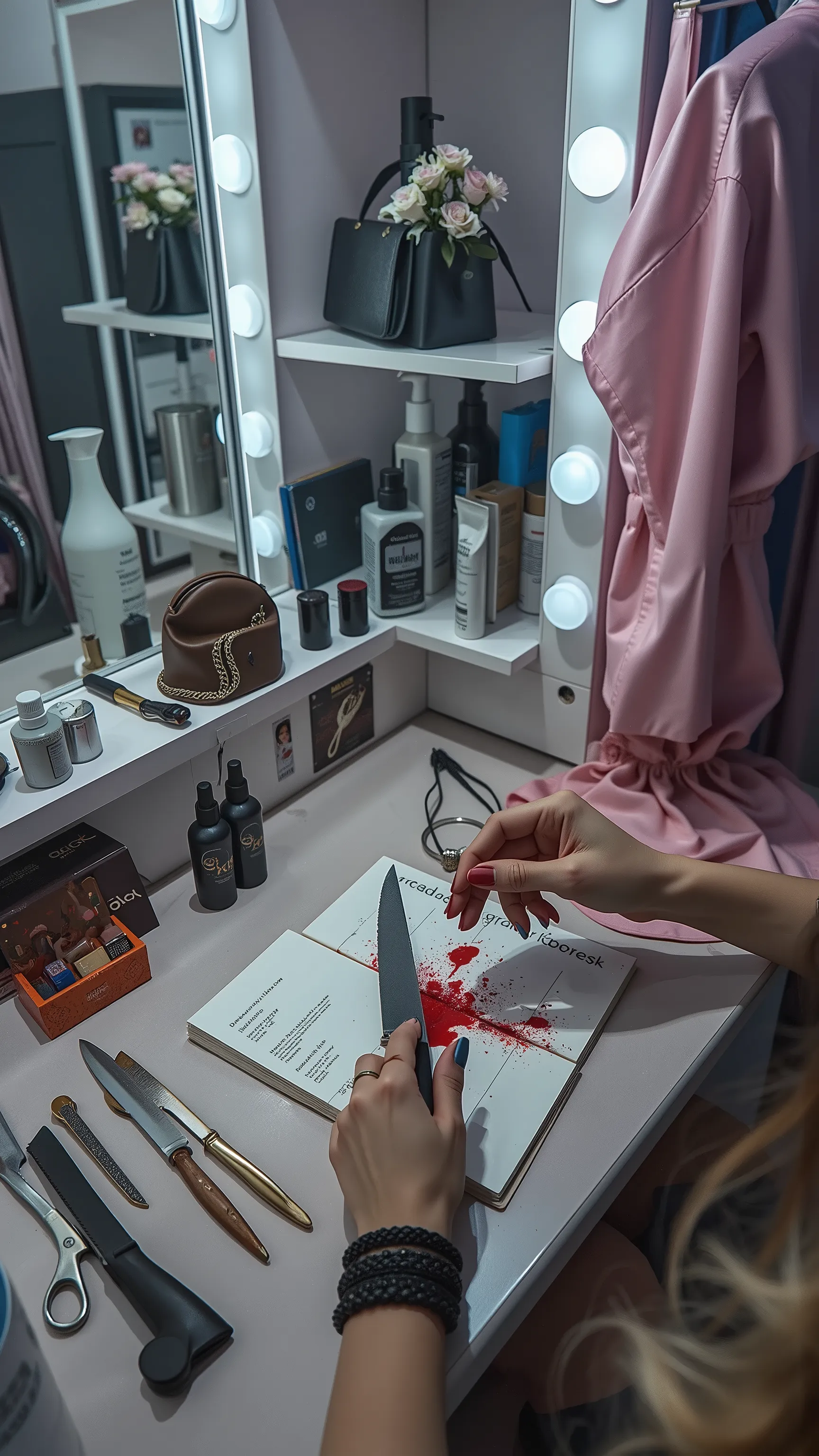A realistic photo of a female hand wiping blood off a small knife on a dressing room table, next to idol accessories and a pink costume, photorealistic, cinematic lighting, soft focus, subtle shadows, psychological thriller mood