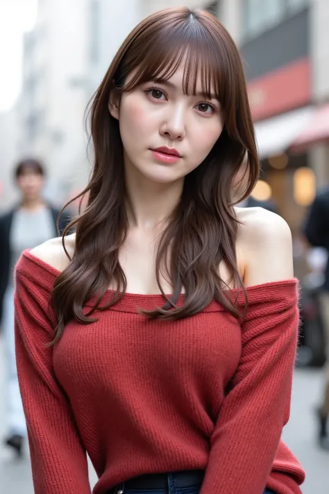 This photo is of a lovely Japanese woman in an off-the-shoulder knitted sweater.
The image is very high resolution, with clear skin texture.
The focus is on her face and it's very sharp.
She is facing forward and her expression is sexy.
Her skin is beautif...