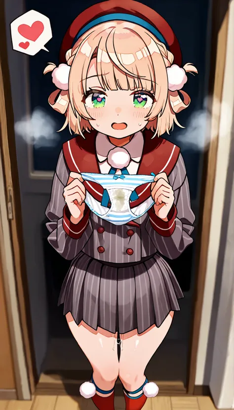 best quality、masterpiece、 front view、looking at viewer、nsfw、Steam、汗、very big thighs、heart shaped eyes、open mouth、holding panties、present Panties、Standing、pussy juice、unworn panties、spoken heart、stain Panties、shigureui-default,shigure ui \(vtuber\),green ey...