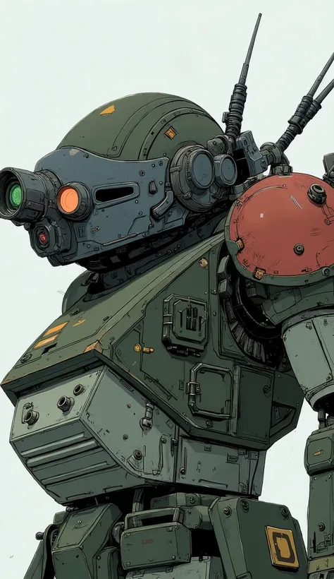 ATM-09-ST scope dog、robot close-up、Close up of a, red left shoulder armor, Gouf  mobile suit, katsuhuro otomo very detailed, kit bash, Mech Warrior,  High Quality Masterpiece  , 「The giant of Erebos, Dark Green, Gouf , Mech Suit, Combat Mecha Outfit, Space...