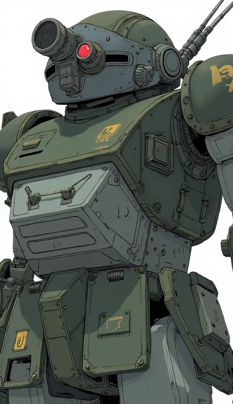 ATM-09-ST scope dog、robot close-up、Close up of a, red left shoulder armor, Gouf  mobile suit, katsuhuro otomo very detailed, kit bash, Mech Warrior,  High Quality Masterpiece  , 「The giant of Erebos, Dark Green, Gouf , Mech Suit, Combat Mecha Outfit, Space...
