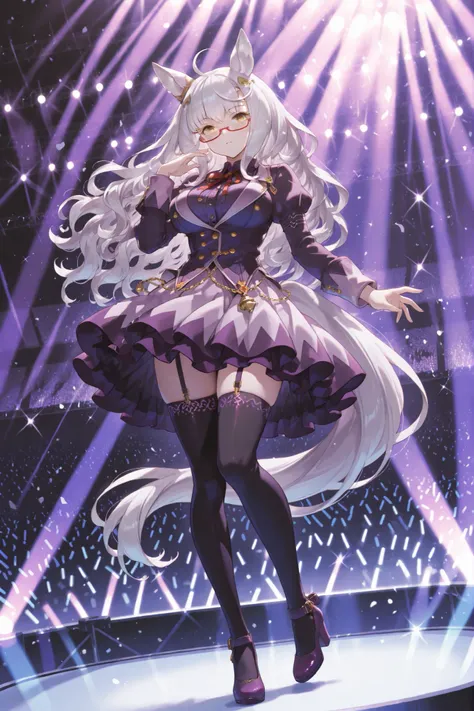 biwa hayahide\(umamusume\) horse tail, ahoge, hair ornament, wavy hair, white hair, yellow eyes, glasses, animal ears, ear ornament, large breasts semi-rimless eyewear, under-rim eyewear, red-framed eyewear, long sleeves, neck ribbon, red ribbon, puffy sle...