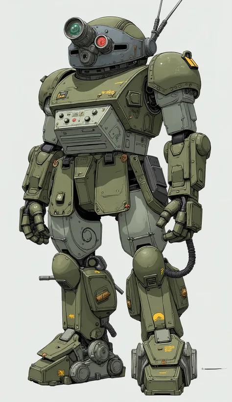 ATM-09-ST スコープドッグ、A highly detailed model depicts a futuristic armored suit reminiscent of sci-fi and military design. The suit is predominantly olive green, featuring various shades to accentuate depth and complexity in its mechanical construction. It sta...