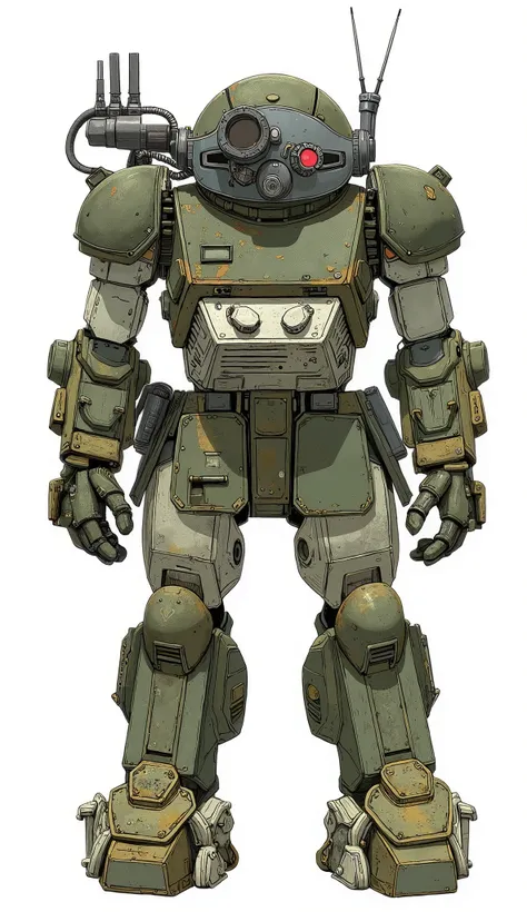 ATM-09-ST スコープドッグ、後ろ姿、A highly detailed model depicts a futuristic armored suit reminiscent of sci-fi and military design. The suit is predominantly olive green, featuring various shades to accentuate depth and complexity in its mechanical construction. It...