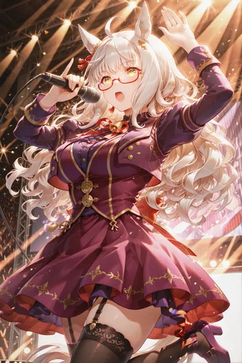 Umapyoi,hands up,biwa hayahide\(umamusume\) horse tail, ahoge, hair ornament, wavy hair, white hair, yellow eyes, glasses, animal ears, ear ornament, large breasts semi-rimless eyewear, under-rim eyewear, red-framed eyewear, long sleeves, neck ribbon, red ...