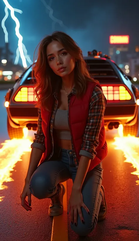 ultra-photorealistic 8K photography, vertical (9:16), bust shot of seductive model in dynamic pose (crouching near flaming tire track, one hand resting on knee:1.7), subtle mysterious smile directed at viewer, wearing reimagined Marty McFly outfit:  a tigh...