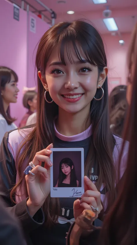 A Japanese idol girl smiling brightly in a photo booth during a fan meet event, holding a signed polaroid photo, but a dark silhouette looms in the background, photorealistic, cinematic tension, pink and white colors with dark contrast