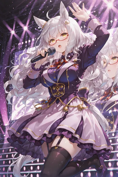 one leg raised,biwa hayahide\(umamusume\) horse tail, ahoge, hair ornament, wavy hair, white hair, yellow eyes, glasses, animal ears, ear ornament, large breasts semi-rimless eyewear, under-rim eyewear, red-framed eyewear, long sleeves, neck ribbon, red ri...