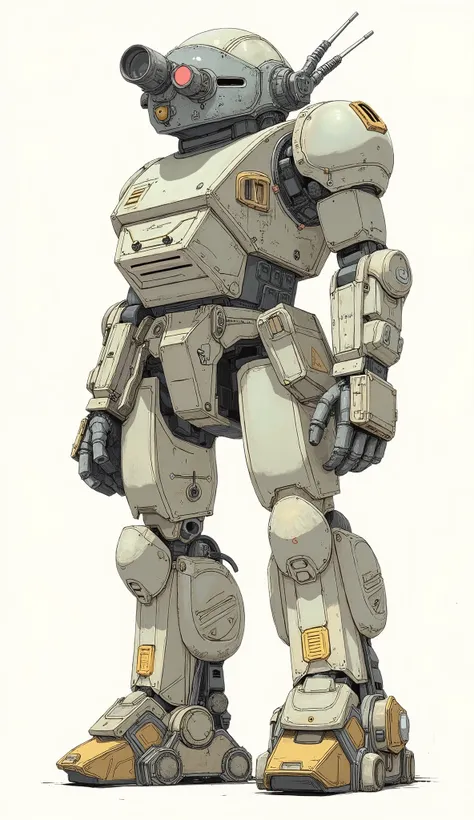 ATM-09-ST scope dog、profile、a very elaborate model、suggests use in rough terrain and combat scenarios。robot is mostly off-white、Mr.々model consists of angular panels and intricate joints It gives a realistic and immersive feeling。weathered tones of yellow a...