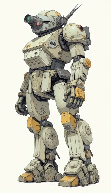 ATM-09-ST scope dog、profile、a very elaborate model、suggests use in rough terrain and combat scenarios。robot is mostly off-white、Mr.々model consists of angular panels and intricate joints It gives a realistic and immersive feeling。weathered tones of yellow a...