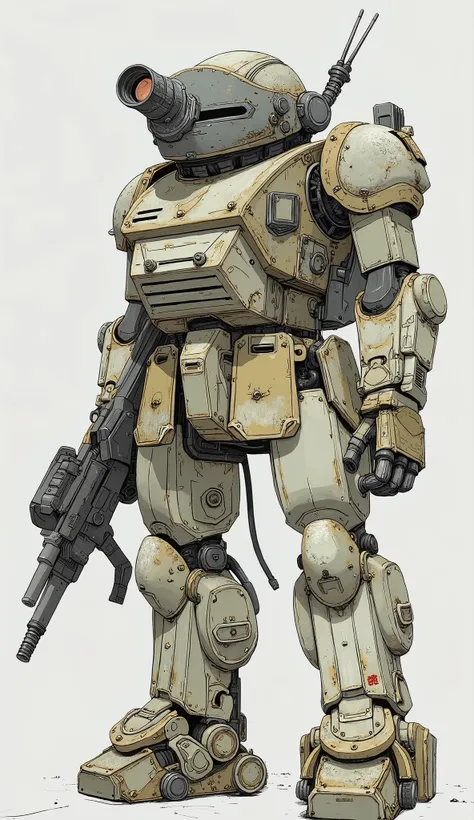 ATM-09-ST scope dog、a very elaborate model、suggests use in rough terrain and combat scenarios。robot is mostly off-white、Mr.々model consists of angular panels and intricate joints It gives a realistic and immersive feeling。weathered tones of yellow and brown...