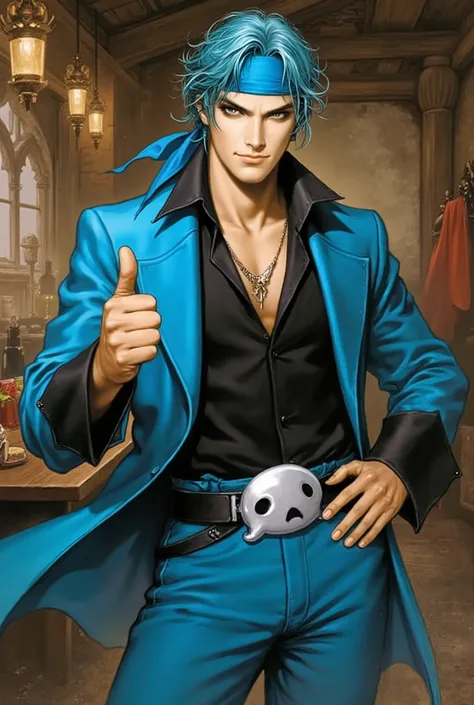 masterpiece, best quality, professional illustration, exquisite and mature anime character art, fantasy realism style, dynamic angle, cinematic lighting, sharp focus, hyperdetailed. A handsome young man with striking aqua blue hair wrapped in a blue bandan...
