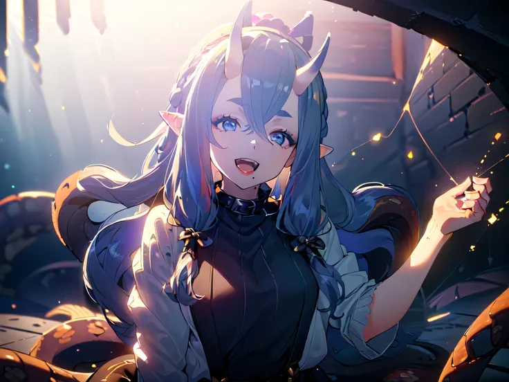 (Upper body POV, 3D work, deep shadows, underground black wall, surrounded by tentacles, lower body buried in tentacles, dancing particles: 1.5), (Super cute girl, with collar, suspenders, vertical knit sweater, lace blouse, lace black shorts, horse ears, ...