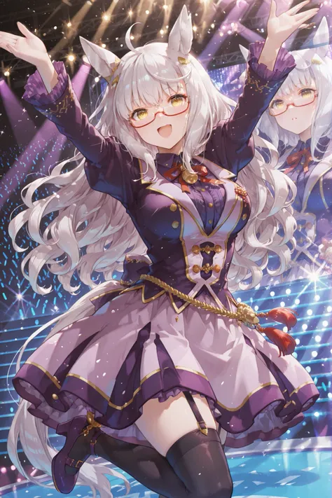 one leg raised,biwa hayahide\(umamusume\) horse tail, ahoge, hair ornament, wavy hair, white hair, yellow eyes, glasses, animal ears, ear ornament, large breasts semi-rimless eyewear, under-rim eyewear, red-framed eyewear, long sleeves, neck ribbon, red ri...