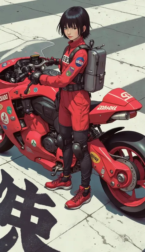 ブルマ、A young person stands confidently in front of a futuristic, sleek red motorcycle adorned with various decals, including Japanese kanji and brand stickers like Shoei, Atari, and NASA. They wear a vibrant red jumpsuit featuring numerous patches and symbo...