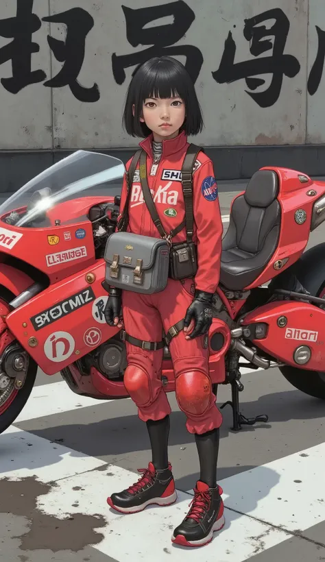 ブルマ、A young person stands confidently in front of a futuristic, sleek red motorcycle adorned with various decals, including Japanese kanji and brand stickers like Shoei, Atari, and NASA. They wear a vibrant red jumpsuit featuring numerous patches and symbo...