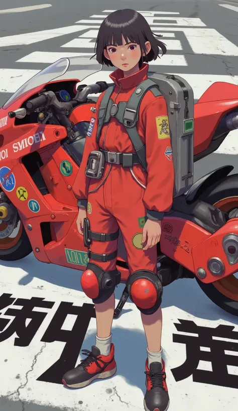 ブルマ、A young person stands confidently in front of a futuristic, sleek red motorcycle adorned with various decals, including Japanese kanji and brand stickers like Shoei, Atari, and NASA. They wear a vibrant red jumpsuit featuring numerous patches and symbo...
