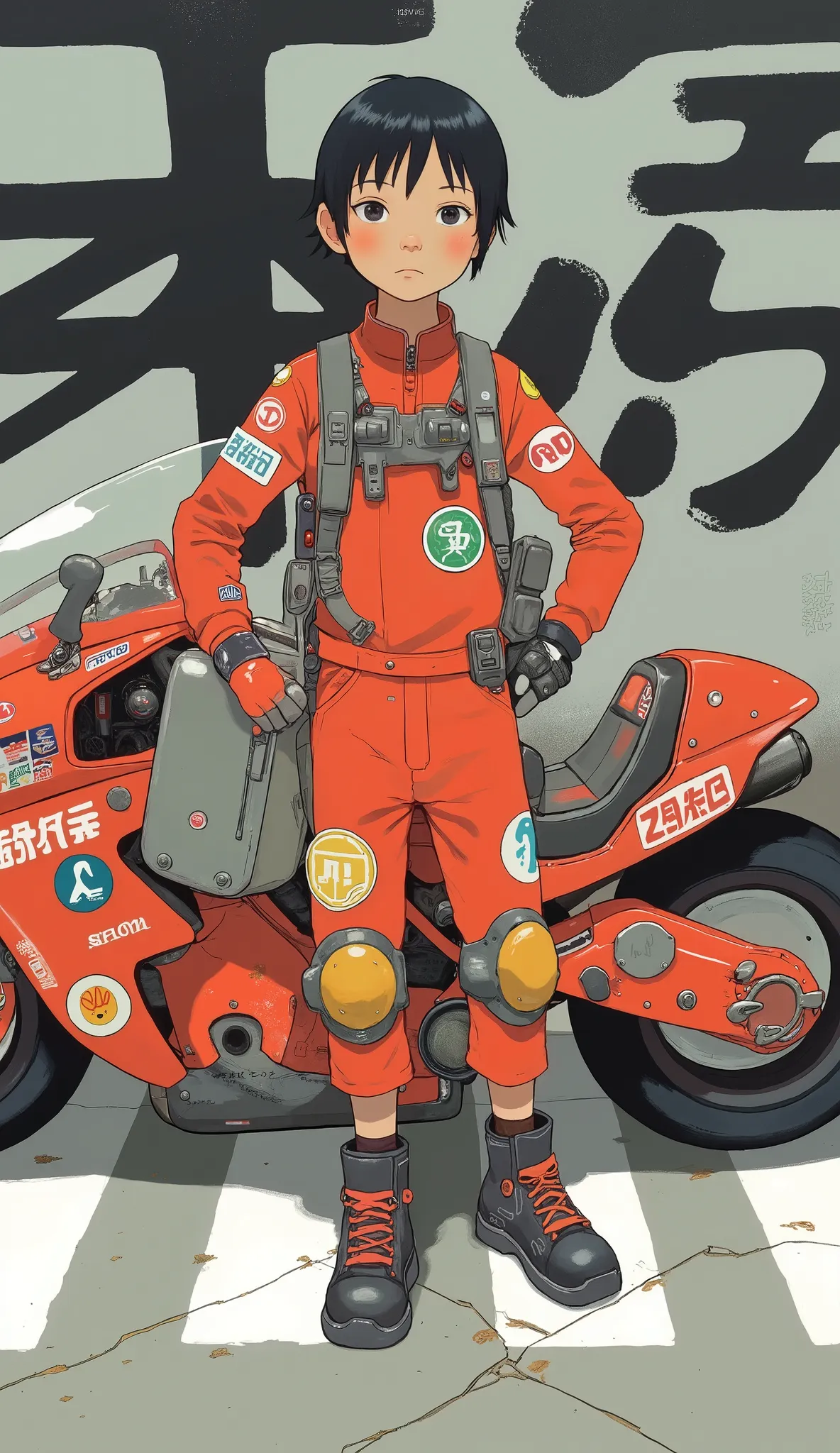 ブルマ、A young person stands confidently in front of a futuristic, sleek red motorcycle adorned with various decals, including Japanese kanji and brand stickers like Shoei, Atari, and NASA. They wear a vibrant red jumpsuit featuring numerous patches and symbo...