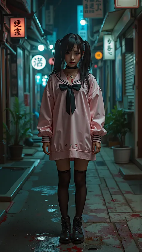 A Japanese idol girl in a pink idol costume standing in a dark alley at night, blood on her hands, looking emotionless, faint traces of blood on the ground, photorealistic cinematic lighting, realistic shadows, eerie thriller atmosphere, 4k realism