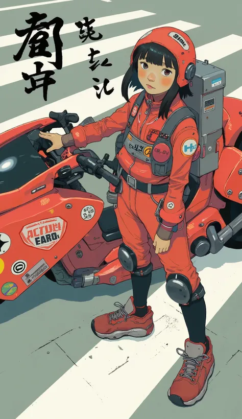 空撮、A young person stands confidently in front of a futuristic, sleek red motorcycle adorned with various decals, including Japanese kanji and brand stickers like Shoei, Atari, and NASA. They wear a vibrant red jumpsuit featuring numerous patches and symbol...