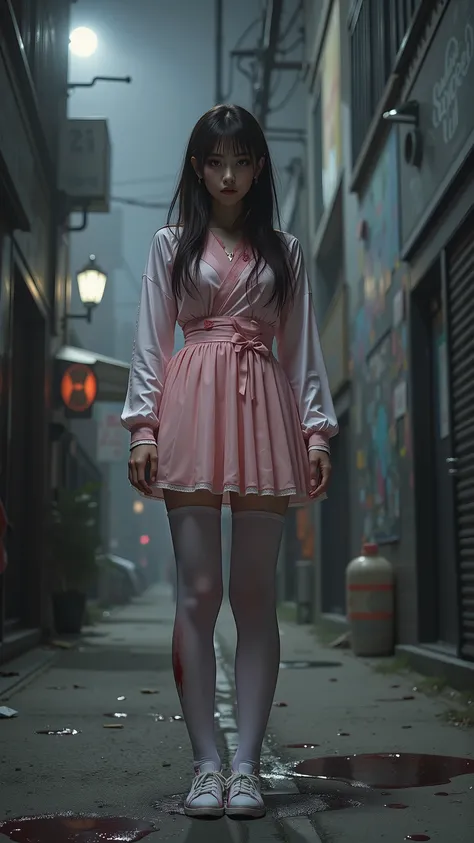 A Japanese idol girl in a pink idol costume standing in a dark alley at night, blood on her hands, looking emotionless, faint traces of blood on the ground, photorealistic cinematic lighting, realistic shadows, eerie thriller atmosphere, 4k realism