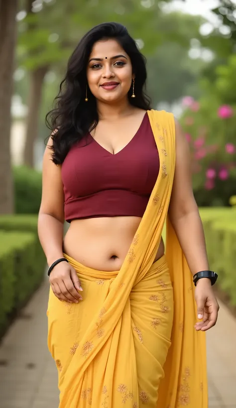 A beautiful Indian woman with a curvy figure stands outdoors in front of a peaceful village backdrop filled with dense trees and vibrant blooming flowers, enhancing the natural charm of the setting. The environment is softly lit with gentle natural dayligh...