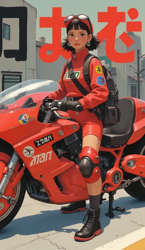 Bulma、confident young people complementing futuristic, Mr.々glossy red motorcycles with, decals, atari, And something similar to NASA. wearing bright red jumpsuits and、with lots of patches and symbols, racing gear, with knee and elbow pads. Japanese kanji a...