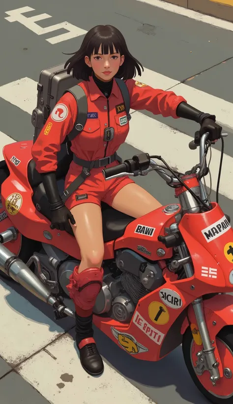Bulma、confident young people complementing futuristic, Mr.々glossy red motorcycles with, decals, atari, And something similar to NASA. wearing bright red jumpsuits and、with lots of patches and symbols, racing gear, with knee and elbow pads. Japanese kanji a...