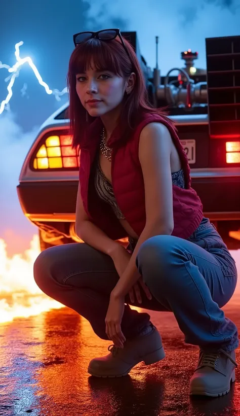 ultra-photorealistic 8K photography, vertical (9:16), mid-shot composition (From hips to head ONLY) of seductive model in dynamic pose (crouching near flaming tire track, one hand resting on knee:1.7), subtle mysterious smile directed at viewer, wearing re...