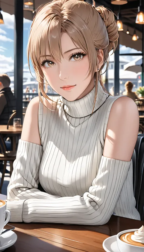 (((masterpiece))),hi-res,very high resolution,(((best quality))),official art,<Lola:addition_detail>,perfect lighting,watching viewers,View across the table,cafe,
1girl,Hamjarvis,Hair on one eye,corn hair bun,sweater,(turtleneck sweater:1.2),Sleeveless Tur...