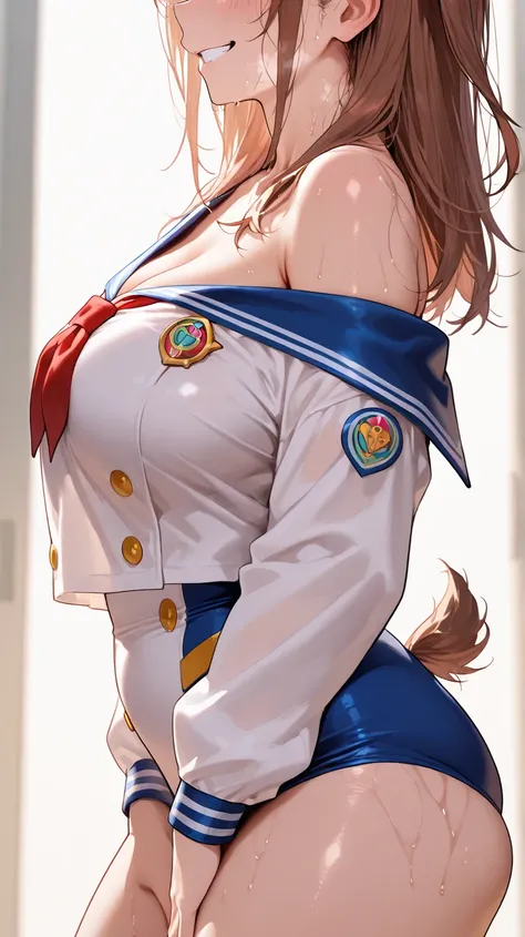 high school girl, Blissful, grinning, Pin, curvy holding thighs, off shoulder, sailor suit, upper body,  from side, after sunburn, side tail