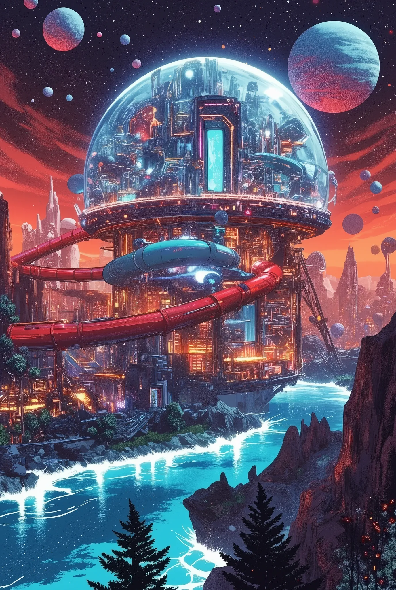 a domed water park that travels between the planets in space、wearing a spacesuit、tree slide、Attractions、realistic photo、polar detail、Professional、bright colors、Bokeh、Planet exploration 、no gravity、glass capsule、Smooth aqua、Reflection、 neon、demonstration te...
