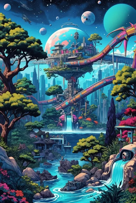 a domed water park that travels between the planets in space、wearing a spacesuit、tree slide、Attractions、realistic photo、polar detail、Professional、bright colors、Bokeh、Planet exploration 、no gravity、glass capsule、Smooth aqua、Reflection、 neon、demonstration te...