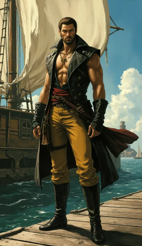 A middle-aged man with short brown hair, wearing a headscarf, has a Northern European face, a cold and stern gaze, a neatly trimmed beard, he wears a peculiar fantasy-style outfit, a uniquely tailored tight vest, that exposes much of his upper body, reveal...