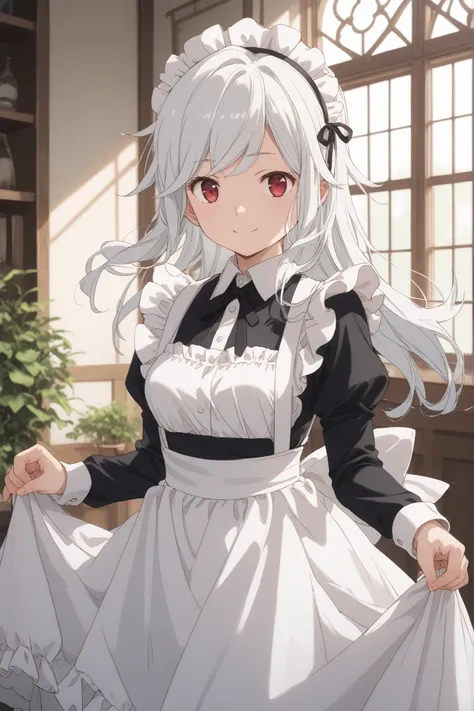 bell_cranel, white hair, red eyes, long hair, 1girl, solo, medium breasts, smile, madi apron, maid, maid headdress, long sleeves,