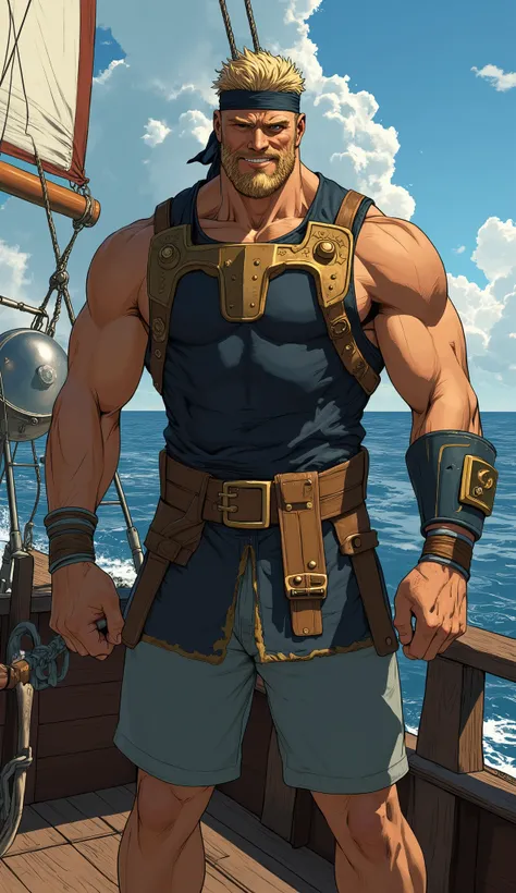 A middle-aged man with short dark golden hair, hair swept backward g, a thick headband around his forehead, deep facial features, resolute gaze, bright smile, a full beard, a tight-fitting fisherman vest, a blue-gold thick breastplate, a black tight-fittin...