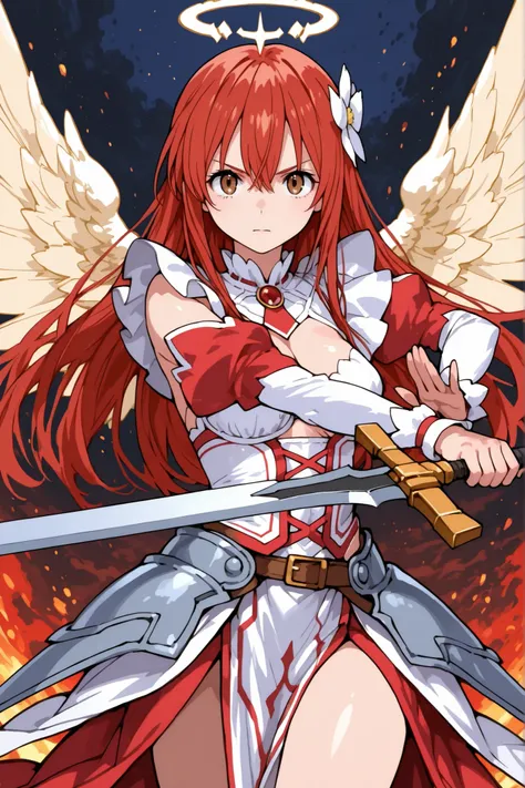 Full figure, Tia Noto Yoko from anime Bastard, 1girl human wear isekai clothes, armed with two fantasy swords, pose action, looking at viewer, break halo, wings, brown eyes, red hair, long  hair, Isekai world.