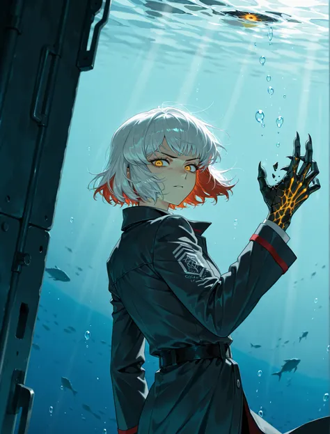 1girl, solo, An close shot of a young woman standing solo at three quarter angle glaring at the viewer, messy and short white hair, red hair, colored inner hair, (broken black coat:1.2), ( Ishmael limbus company:1.1), Outis, Na'vi, underwater, deep ocean h...