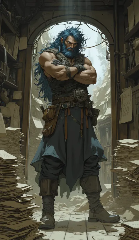 A man with thick long and lustrous blue hair, medium length hair, a melancholic gaze, a weary expression, fatigued and weary movements, a loose-fitting fantasy-style dockworker attire, gloves-style wrist guards on his hands, a belt around his waist, matchi...