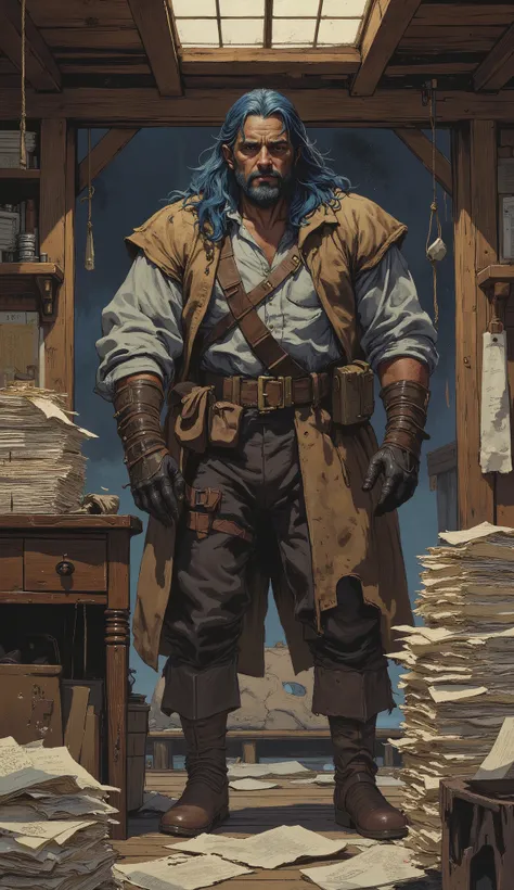 A man with thick long and lustrous blue hair, medium length hair, a melancholic gaze, a weary expression, fatigued and weary movements, a loose-fitting fantasy-style dockworker attire, gloves-style wrist guards on his hands, a belt around his waist, matchi...