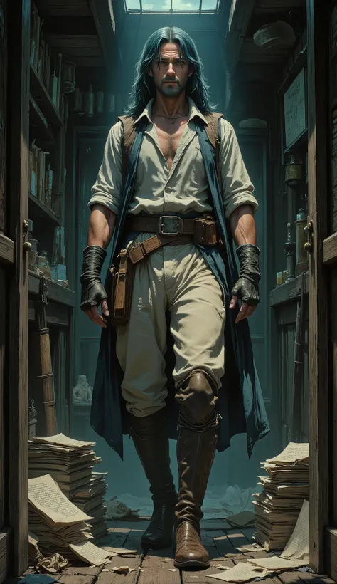 A man with thick long and lustrous blue hair, medium length hair, a melancholic gaze, a weary expression, fatigued and weary movements, a loose-fitting fantasy-style dockworker attire, gloves-style wrist guards on his hands, a belt around his waist, matchi...