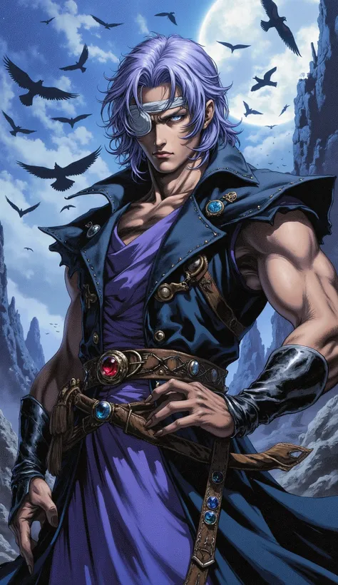 A man with medium-length fluffy lavender-blue hair parted in the middle, his upper face obscured by bandage eye patch, gazes intensely with deep-set eyes, a square face, a wild expression, a sturdy physique, clad in a fantasy-style wild sleeveless coat wit...