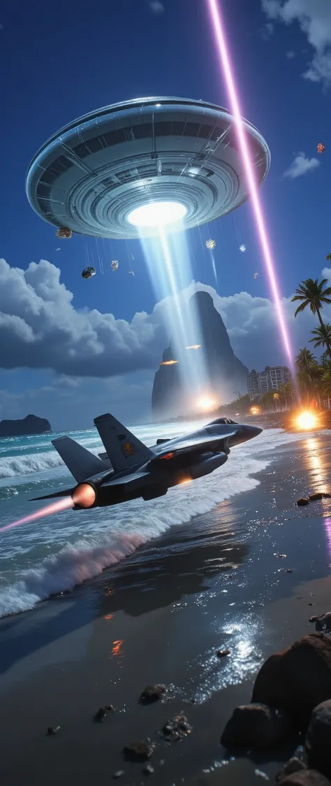 high res image、battle at Waikiki Beach in Hawaii、F-14 intercepts UFO、creative images、an F-14 Maverick is attacking from Diamond Head towards the beach、attacking US Navy destroyers、attacking with missiles and laser weapons、UFO rays on the ground、under a dra...