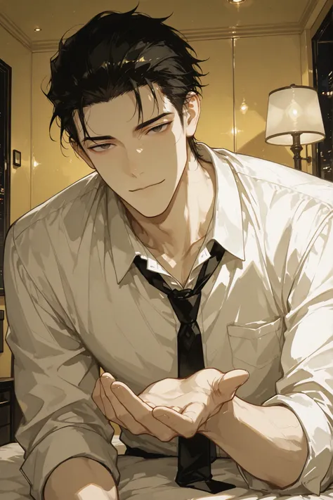 handsome man, male, around 30 years old, black hair neatly slicked back but slightly messy bangs, slender fit build, lean muscle, beautiful and refined face, mature charm, wearing white shirt and tie, upper body portrait, reaching hand toward the viewer wi...