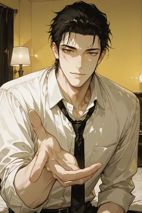 handsome man, male, around 30 years old, black hair neatly slicked back but slightly messy bangs, slender fit build, lean muscle, beautiful and refined face, mature charm, wearing white shirt and tie, upper body portrait, reaching hand toward the viewer wi...
