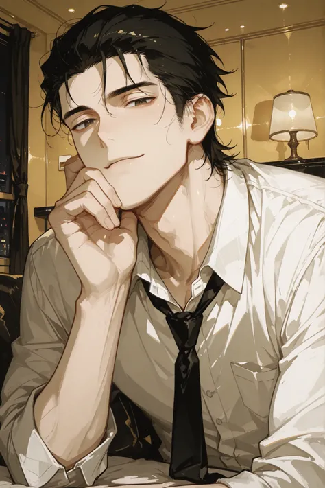 handsome man, male, around 25 years old, black hair neatly slicked back but slightly messy bangs, slender fit build, lean muscle, beautiful and refined face, mature charm, wearing white shirt and tie, upper body portrait, reaching hand toward the viewer wi...