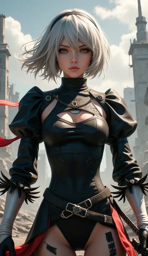 42 N13r 4ut0m4t4, 1girl, greatsword, silver hair, leotard, phisique, ruins, A striking, dynamic portrait of A2 from the video game NieR: Automata, rendered in the style of a high-resolution anime key visual.  A2, a young woman of Asian descent in her early twenties, stands defiantly, her body angled three-quarters towards the viewer, a subtle suggestion of movement implied by her windswept hair and flowing clothes.  She grips her katana, the blade reflecting a sliver of harsh, artificial sunlight, her expression a mixture of grim determination and weary resolve.  Her eyes, sharp and intense, convey a depth of experience and pain.  A2 wears a tattered, yet elegant, black and crimson battle outfit, the fabric showing signs of wear and tear, suggesting numerous battles. The rich, deep crimson accents contrast sharply against the dark, almost obsidian black of the main garment, the texture of the cloth depicted with exquisite detail, showcasing worn leather and metallic elements.  The background is a desolate, post-apocalyptic landscape rendered in muted greys and blues, punctuated by the fiery orange hues of a distant, decaying city.  The composition is a close-up shot, emphasizing A2’s determined expression and imposing stance. The lighting, a dramatic chiaroscuro, enhances the contrast and accentuates the texture of A2's clothing and the harshness of her surroundings. The overall mood is one of melancholic strength, reflecting A2's unwavering resolve amidst a world consumed by conflict.  The style evokes the iconic visual flair of renowned anime artists, employing bold lines, dynamic poses, and a vibrant color palette.  Wide-angle lens, cinematic lighting.