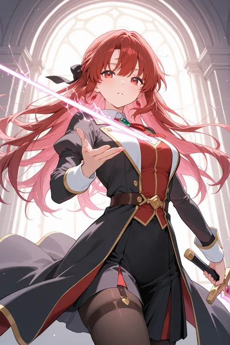 A picture of a noble anime character who has a beautiful sword and a magical energy in her other hand that contains the element light with a beautiful background 