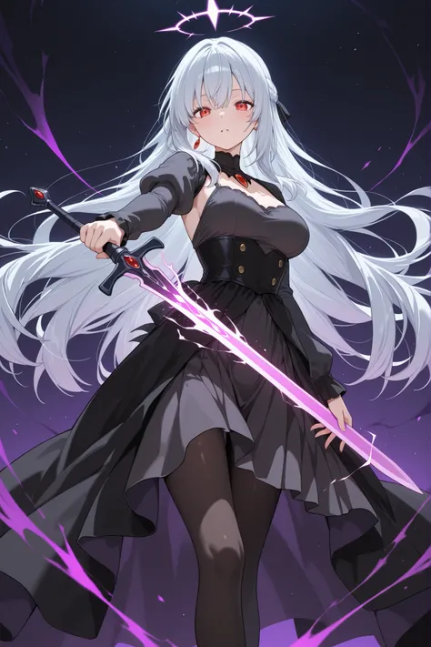 A picture of a noble anime character who has a beautiful sword and a magical energy in her other hand that contains the element darkness with a beautiful background 